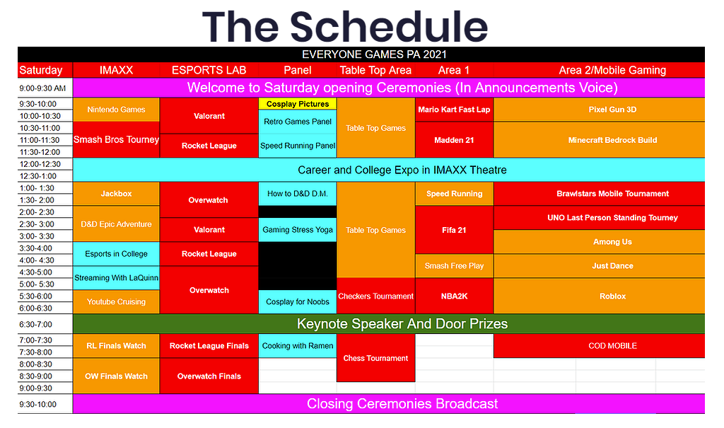 Gaming Schedule of Events
